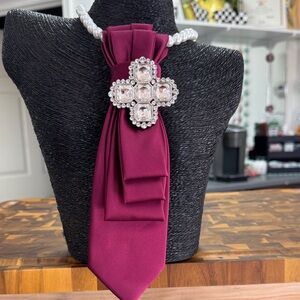 Pearl Necklace with Burgundy Satin Tie and Crystal Brooch
